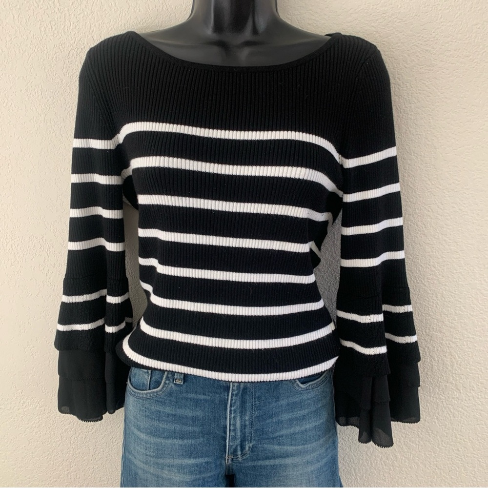 White House Black Market Striped Sweater Size M 3/4 Ruffle Bell Sleeve Crew Neck